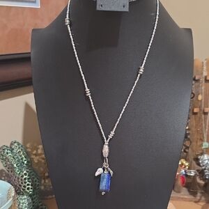 Silver Beaded Necklace with Blue Lapis And Pearl Pendant - Women Jewelry
